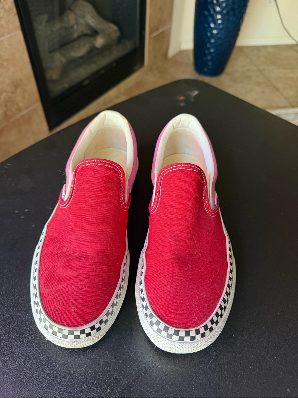 Woman Slip-On Canvas Platform Shoes in Red with Checkerboard Trim SIZE 7